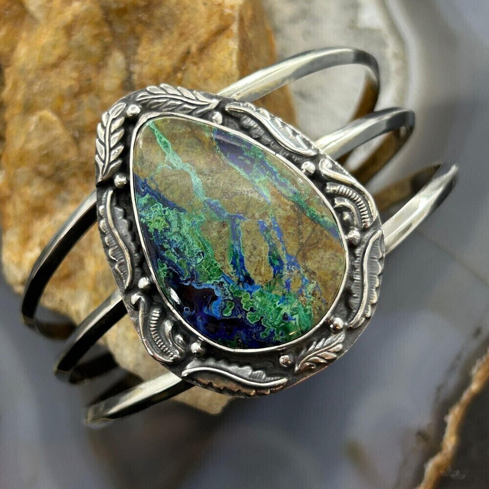 Sterling Southwestern Style Large Teardrop Azurite Malachite Bracelet For Women